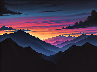 Silhouettes of Mountain Peaks at Sunset with Vibrant Sky