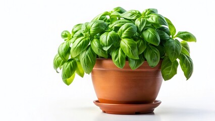 Fresh Basil Plant in Pot, Isolated on White, Healthy Vegan Food