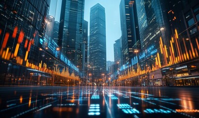 City street, night, financial data, glowing, urban future