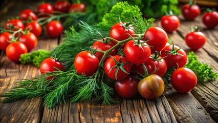 Fresh Cherry Tomatoes and Dill on Rustic Wooden Background - Healthy Food Stock Photo