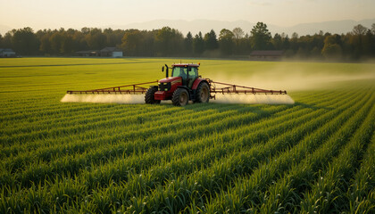 Obraz premium Tractor Spraying Crops in a Vast Green Field During Daylight Hours in a Rural Agricultural Setting