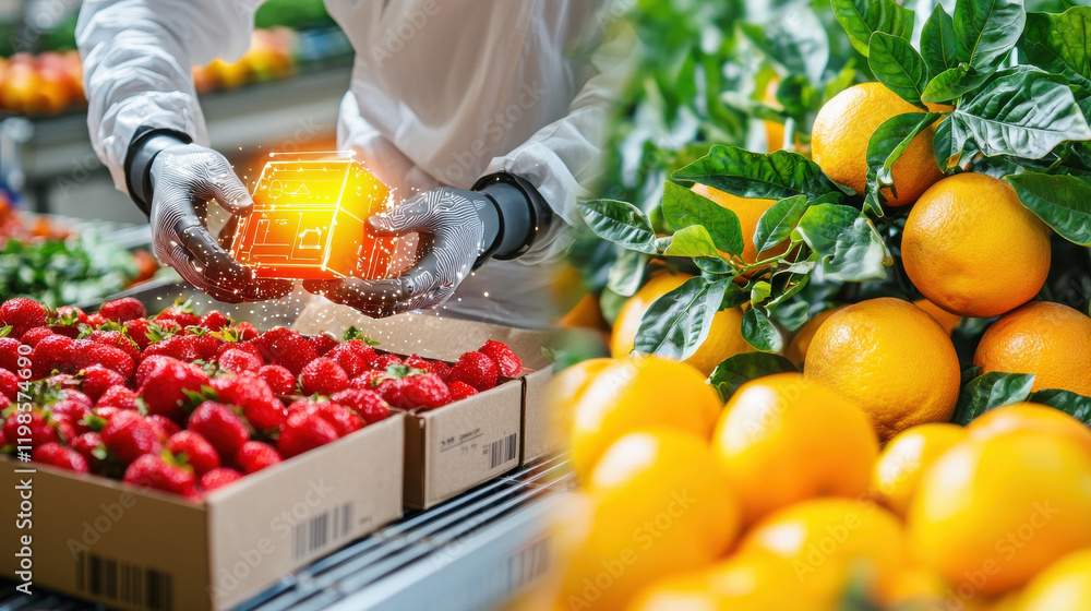 Leinwandbilder futuristic fruit packaging system with smart robots handling strawberries and oranges. innovative te
