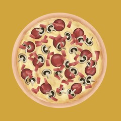 Hand drawn illustration of pizza with pepperoni,mushroom and cheese suitable for food poster design