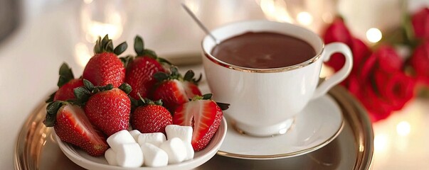 Delicious strawberries with hot chocolate on a stylish tray.