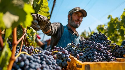 Moldova's vineyards feature abundant grapevines beneath a bright blue sky as workers gather grapes, reflecting the area's esteemed winemaking heritage and commitment to quality.