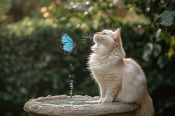 Cream Turkish Angora cat playing with blue morpho butterfly in garden setting