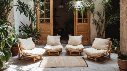 Fototapeta premium Serene Courtyard with Rattan Seating and Lush Greenery