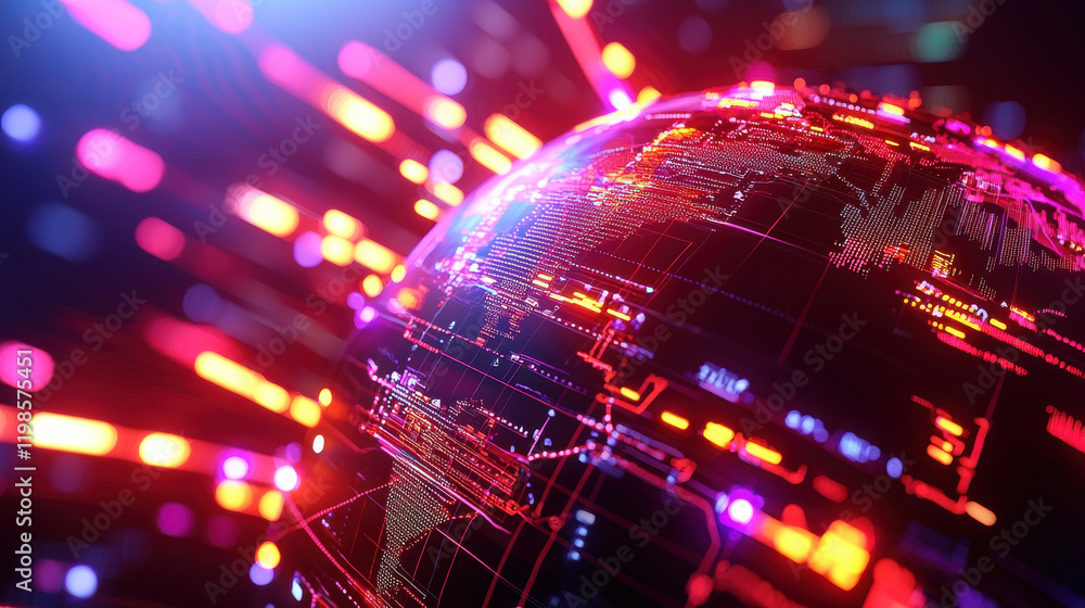 Poster futuristic illustration of glowing globe with vibrant light trails, representing global connectivity