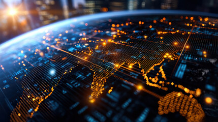 Obraz premium futuristic illustration of global network, showcasing interconnected data points across continents, illuminated by vibrant orange lights. image evokes sense of technological advancement and global