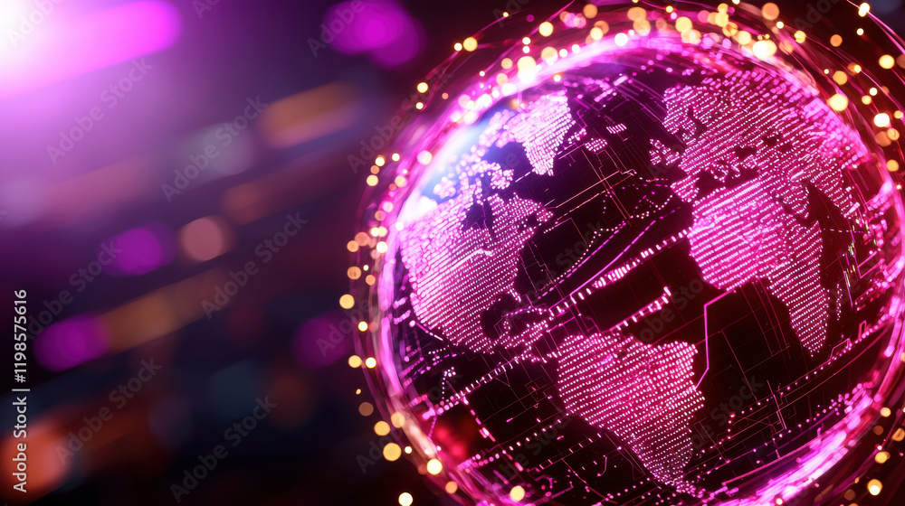 Poster vibrant, futuristic illustration of glowing globe showcasing interconnected global networks. design 