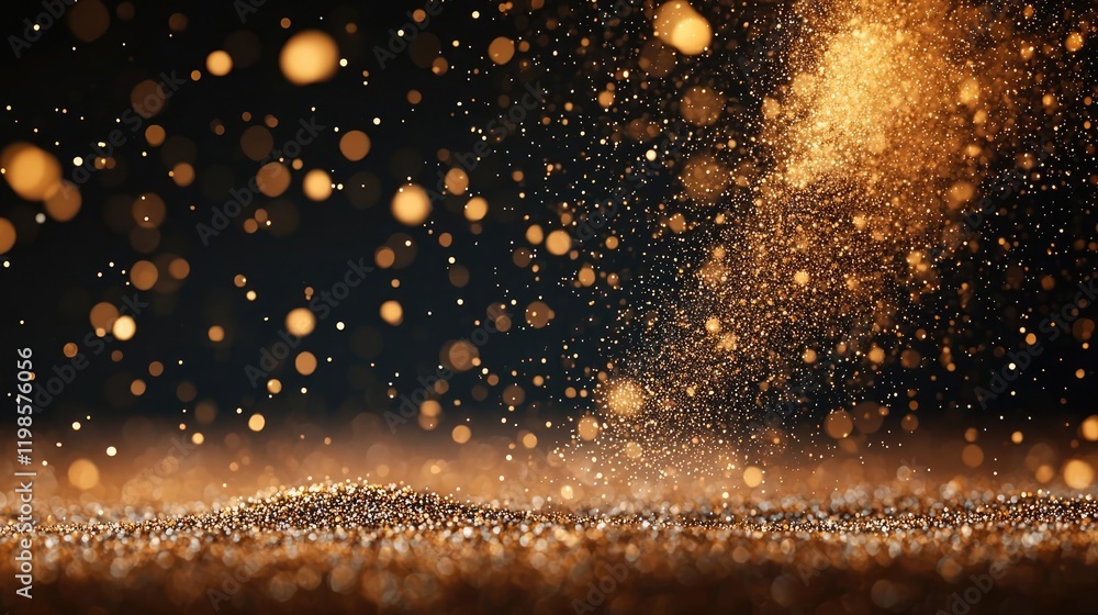Poster dust pollution idea. a mesmerizing close-up of sparkling golden particles in motion against a dark b