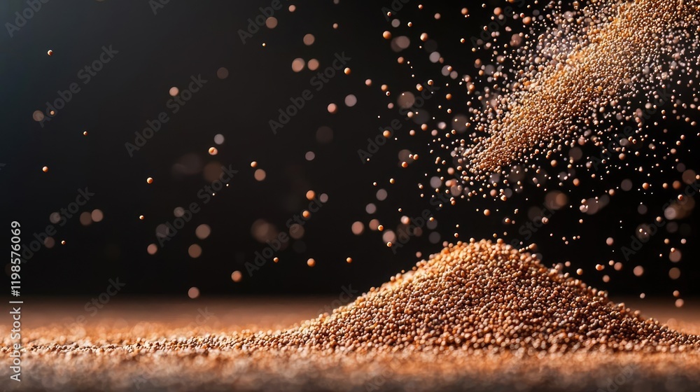 Poster dust pollution idea. close-up of brown spice particles cascading onto a textured surface.
