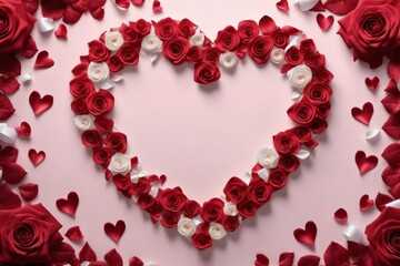 Fototapeta premium Heart-shaped frame of red pink roses with a romantic floral design perfect for Valentine's Day and wedding-themed decorations