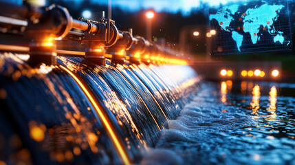 Futuristic hydroelectric dam with glowing water flow and digital map. scene captures essence of renewable energy and advanced technology in serene environment