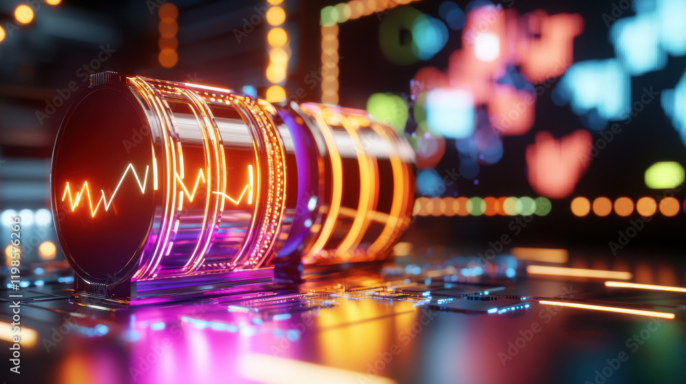 Poster futuristic glowing energy storage device on digital circuit board, showcasing vibrant colors and int
