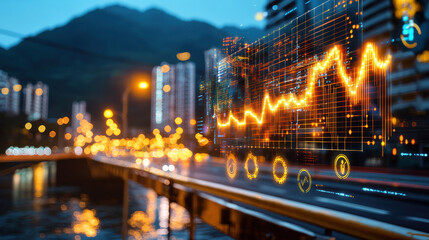 Futuristic cityscape with glowing data visualization overlay, showcasing financial trends and analytics. vibrant lights reflect innovation and technology in urban life