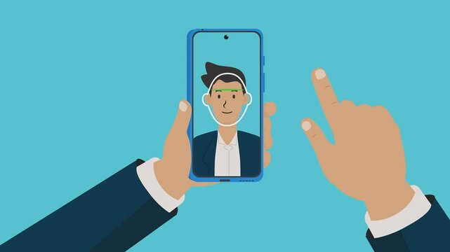 Hand Hold Phone Start Face ID Recognition Verify Resgistration Camera  American Caucassian Business Man Male 2D Animation 4K