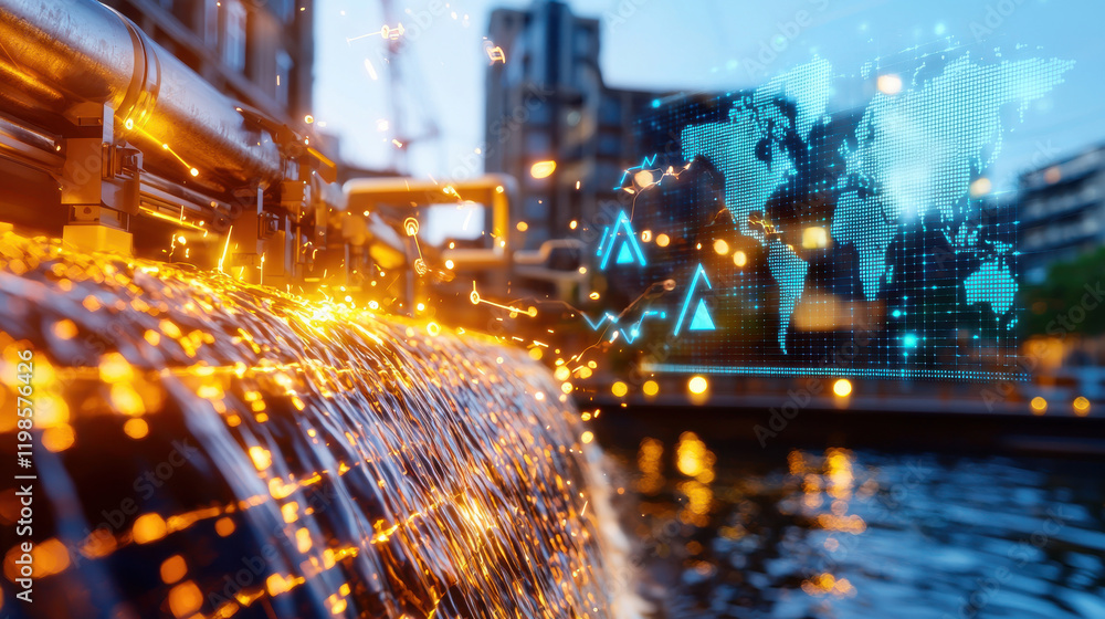 Poster futuristic hydroelectric dam with glowing water and digital world map. scene captures essence of mod