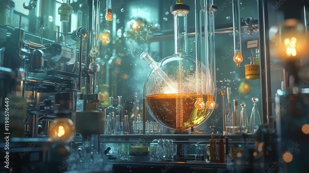 Poster bubbling liquid inside a test tube connected to a complex setup of tubes and flasks in a chemistry l