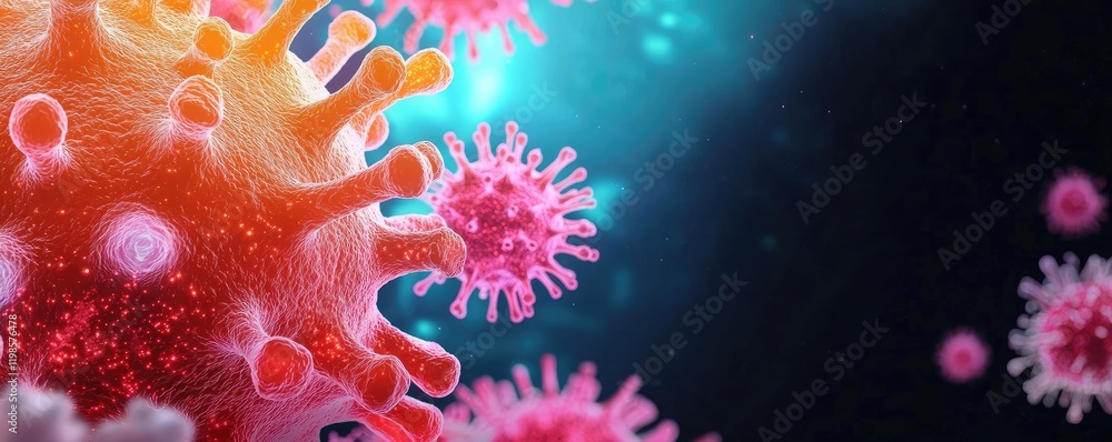 Poster dust pollution idea. colorful microscopic view of virus particles in a dark background environment.