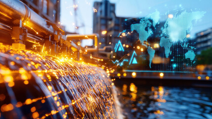 Futuristic hydroelectric dam with glowing water and digital world map. scene captures essence of modern energy solutions and technology in harmony with nature