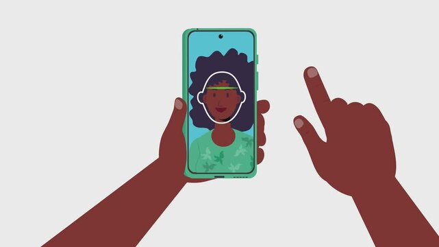 Hand Hold Phone Start Face ID Recognition Verify Resgistration Camera Black African American Woman 2D Animation 4K