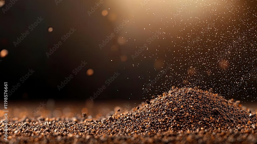 Poster dust pollution idea. close-up view of fine grains of sand sparkling in golden sunlight, creating a s