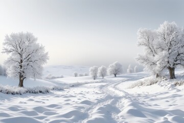 Fototapeta premium Snow covered trees in a winter landscape with a frosty forest and a path through the park on a cold day