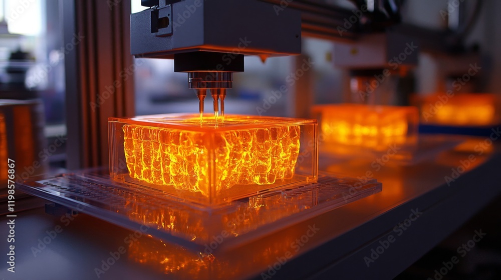 Poster automated 3d printing of glowing orange cubes in a modern factory setting