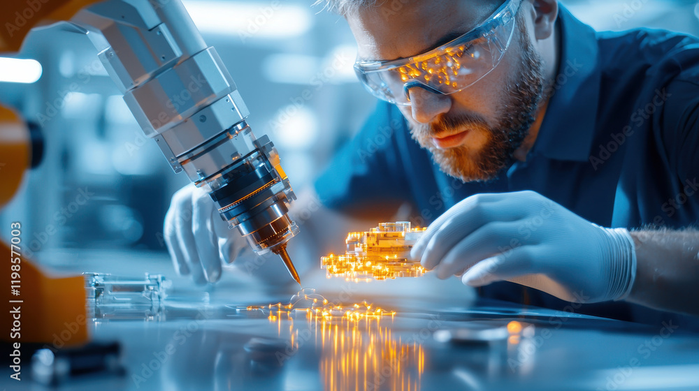 Poster innovative engineer using robotic technology to assemble electronic components in high tech laborato
