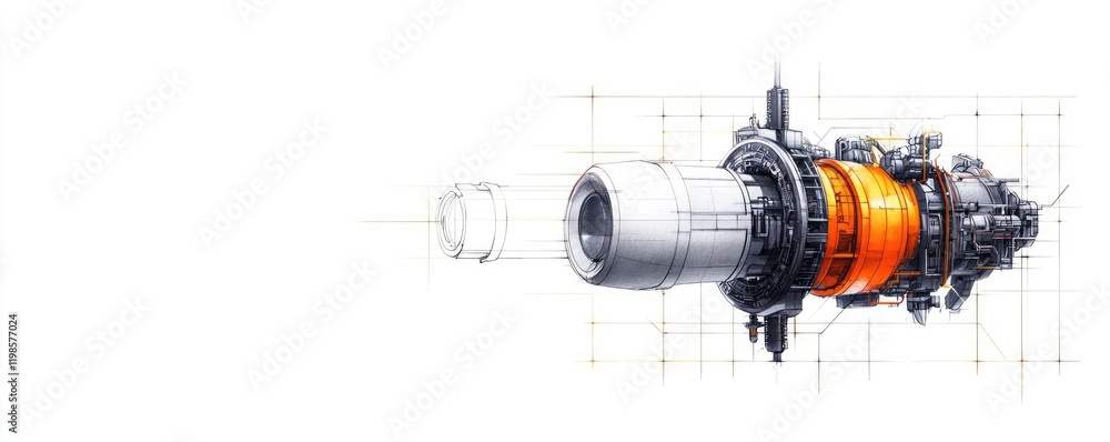 Poster engineer sketching concept. detailed illustration of a jet engine component in technical design.