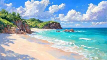 Fototapeta premium Serene Tropical Beach Scene Turquoise Waters White Sand and Lush Green Cliffs Under a Sunny Sky