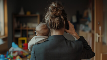 Busy working mom managing childcare and career, carrying her infant while on a business call in a modern home environment. Image made using Generative AI