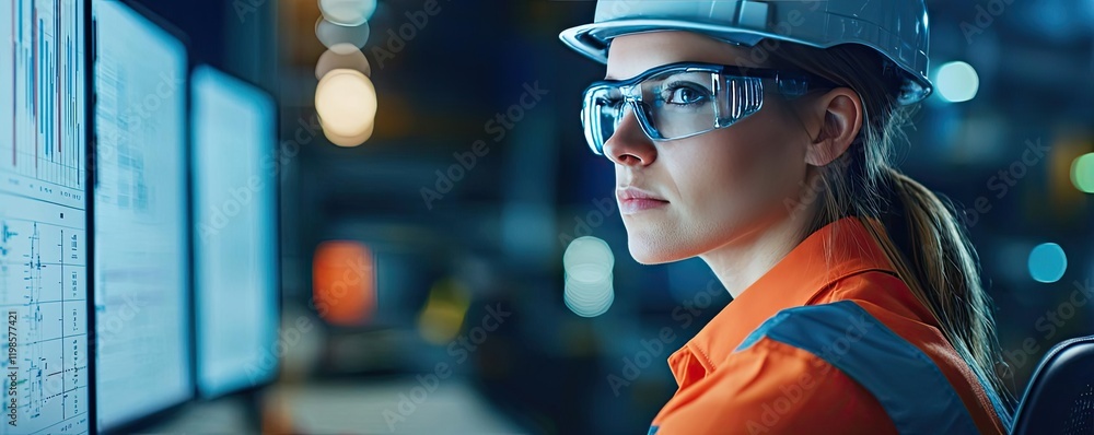 Aufkleber engineer project idea. a focused female engineer analyzing data at a high-tech workstation in a fact