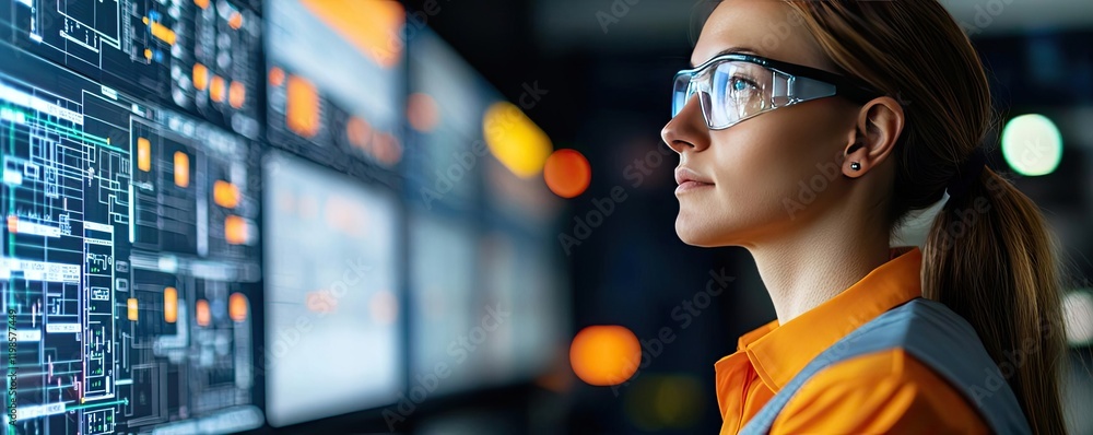 Aufkleber engineer project idea. female engineer analyzing data on advanced digital screens for industrial inn