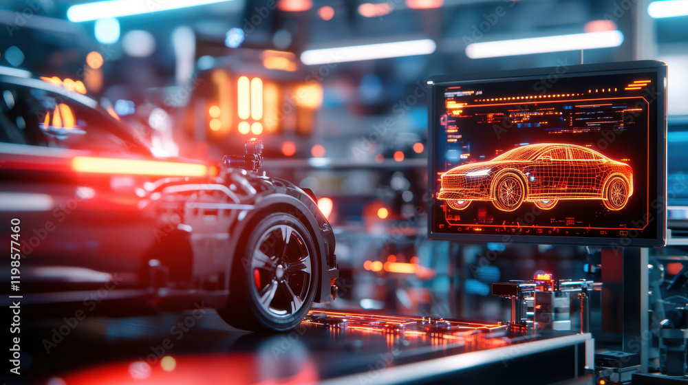 Poster futuristic lab showcasing engineers working on autonomous vehicle technology, featuring sleek car model and digital display with holographic designs
