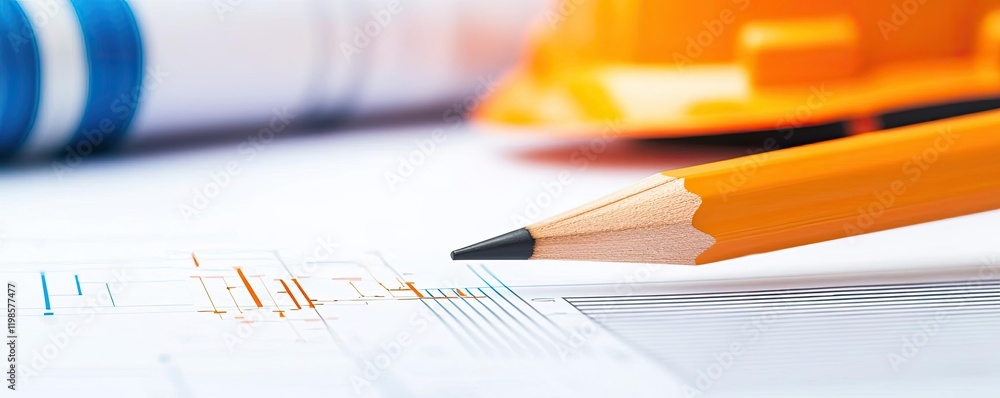 Poster engineer blueprint concept. a close-up of a pencil and architectural documents with construction too