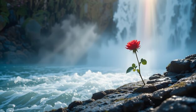 A single rose resting at the edge of a cascading waterfall, where mist rises and catches the sunlight, creating a prism of colors around the flower.