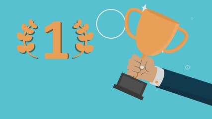 Hand Holding Cup Number 1 Winner Success Business Person Goals 2D Flat Design Animation 4k - Powered by Adobe