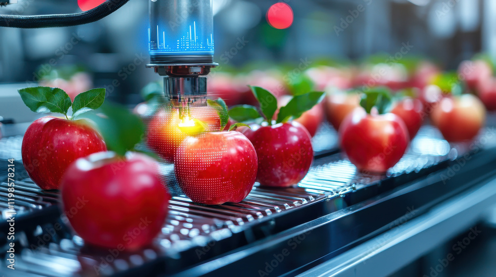 Poster high tech fruit picking robot harvesting fresh red apples in modern facility. automation enhances ef