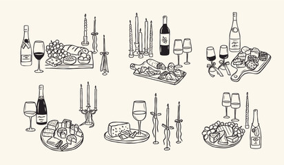 Hand drawn wine with charcuterie boards collection