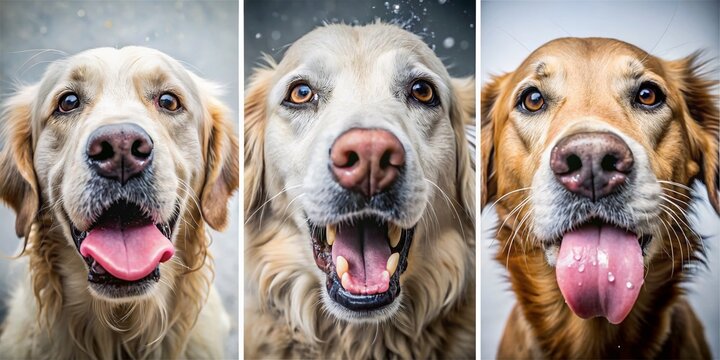 Funny Hungry Dogs Licking Faces Collage: Three Adorable Canine Muzzles on White Background