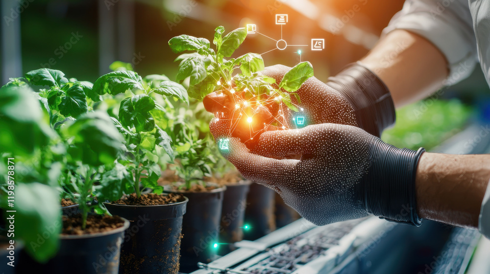 Poster high resolution image of smart farming system showcasing person holding young plant with technology 