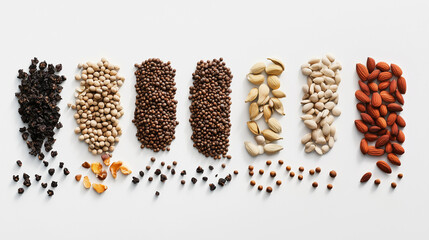 種類ごとに並んだ様々な種子、シード、ドライフード、ナッツ