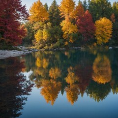 A peaceful lakeside scene with colorful autumn trees reflected in the water.