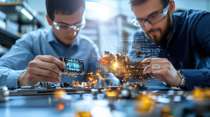 Engineers assembling high tech devices with digital interface elements, showcasing teamwork and innovation in modern workspace