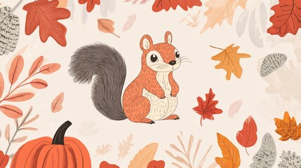 Cute cartoon squirrel surrounded by autumn leaves, pumpkins, and pine cones.