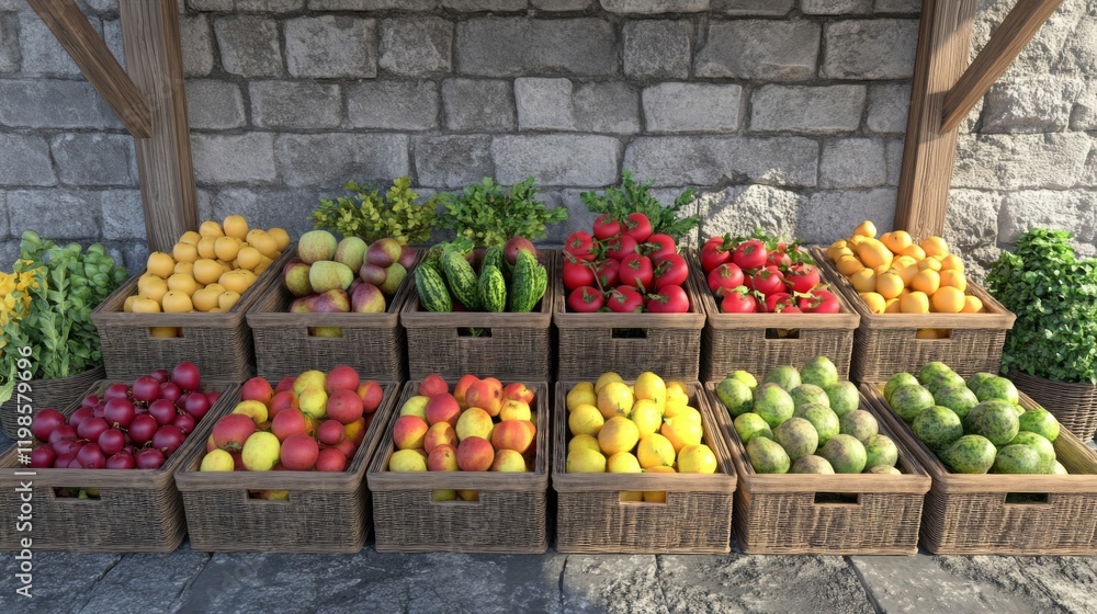 Poster colorful array of fresh fruits and vegetables displayed in wooden crates against a rustic stone wall