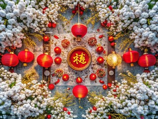 Aerial View of Chinese New Year Festive Decorations with White Plum Blossoms
