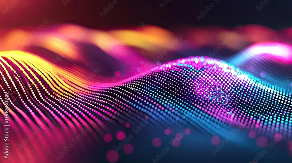 Poster dust pollution idea. vibrant abstract wave pattern with colorful light reflections and digital textu